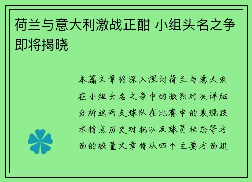 荷兰与意大利激战正酣 小组头名之争即将揭晓