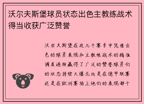 沃尔夫斯堡球员状态出色主教练战术得当收获广泛赞誉