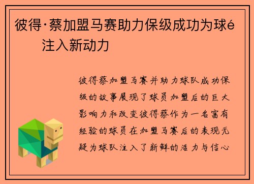 彼得·蔡加盟马赛助力保级成功为球队注入新动力