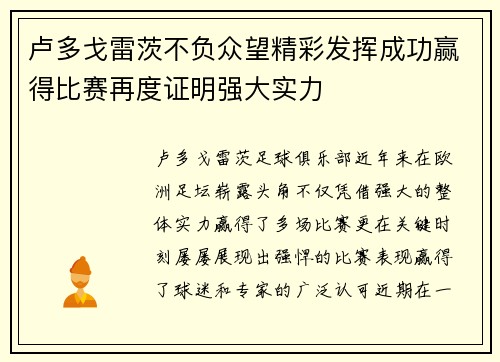 卢多戈雷茨不负众望精彩发挥成功赢得比赛再度证明强大实力