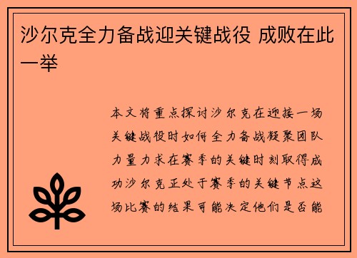 沙尔克全力备战迎关键战役 成败在此一举