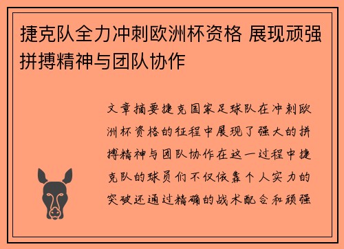 捷克队全力冲刺欧洲杯资格 展现顽强拼搏精神与团队协作