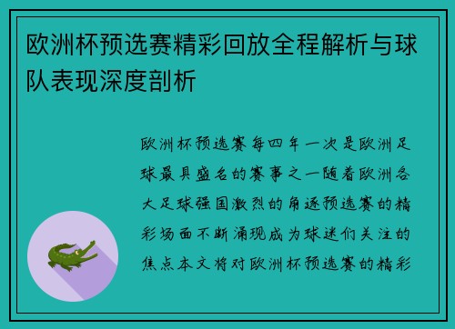 欧洲杯预选赛精彩回放全程解析与球队表现深度剖析