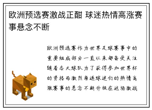 欧洲预选赛激战正酣 球迷热情高涨赛事悬念不断