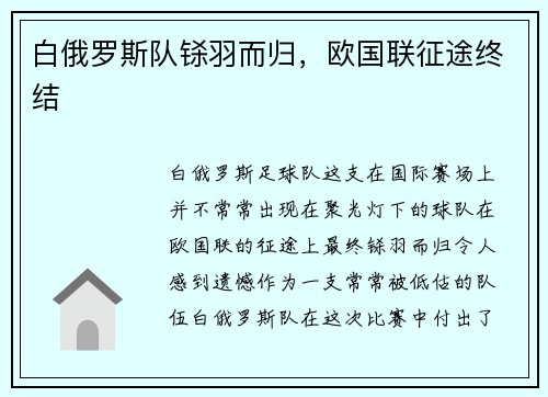 白俄罗斯队铩羽而归,欧国联征途终结