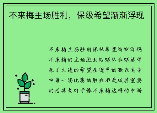 不来梅主场胜利,保级希望渐渐浮现