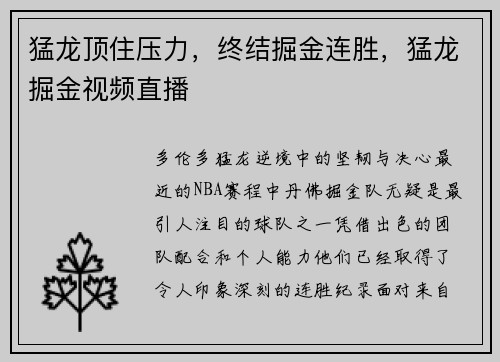 猛龙顶住压力,终结掘金连胜,猛龙掘金视频直播
