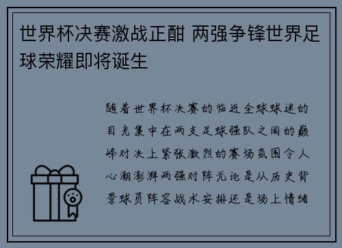 世界杯决赛激战正酣 两强争锋世界足球荣耀即将诞生