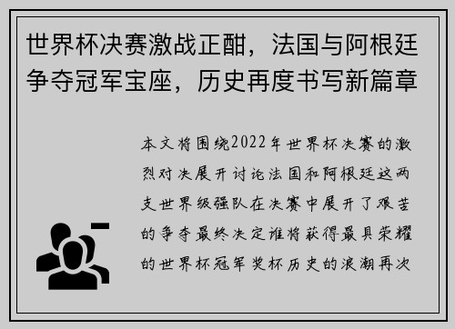 世界杯决赛激战正酣,法国与阿根廷争夺冠军宝座,历史再度书写新篇章